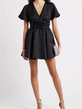 Chelsea28 Bow Detail Puff Sleeve Minidress in Black NWT Size: M Cocktail, Party